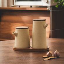 2pcs/1pc 250ml (8.8oz)/350ml (12.32oz) Ceramic Oil Bottle With Walnut Wood Sealed Lid, Round Kitchen Condiment Dispenser For Soy Sauce, Vinegar, Olive Oil And Peanut Oil - View 1