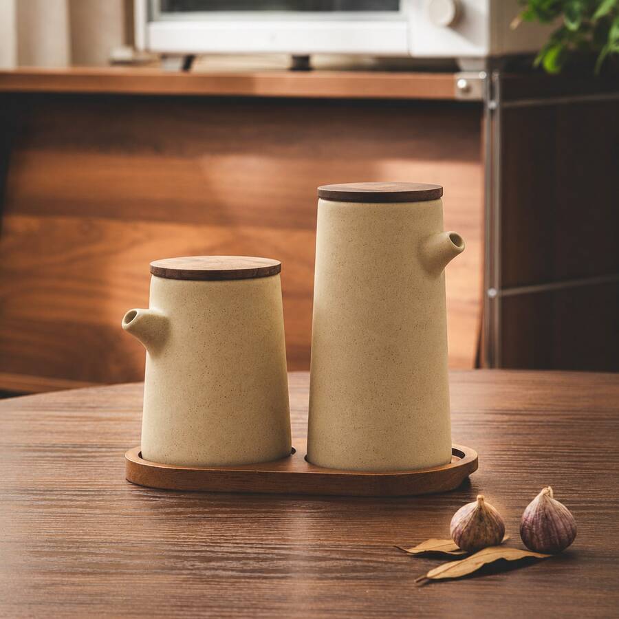 2pcs/1pc 250ml (8.8oz)/350ml (12.32oz) Ceramic Oil Bottle With Walnut Wood Sealed Lid, Round Kitchen Condiment Dispenser For Soy Sauce, Vinegar, Olive Oil And Peanut Oil - View 1
