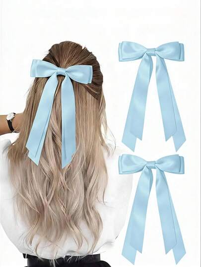 2pcs Pink Bow Hair Clips For Women And Girls, Elegant Satin Layered Ribbon Hair Clips With Long Tail, French Vintage Cute Hair Accessories, Suitable For Summer Party, Wedding, Daily Wear