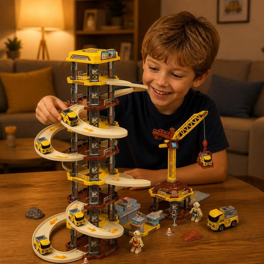 Boys' Large 8-Layer Engineering Series Track Car Toy With Crane, Children's Parking Lot Toy, Suitable As Birthday Gift (Random Color)