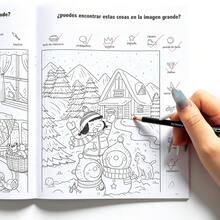 1pc Spanish Search & Find Coloring Game Book 8 Themes Set Forest / Ocean / City Scenes 190+ Hidden Objects Spanish Educational Coloring Book Children's Focus Training Book Interactive Fun Painting Material Designed Specifically For Preschool Children - Blue and White - View 8