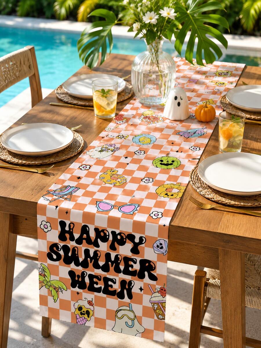 1pc-Happy Summerween Table Runner Retro, Orange Checkerboard Cute Ghost Table Topper, Groovy Spooky Summer Beach Theme Tablecloth Linen For Pool Party Kitchen Decor - Multicolor - View 1