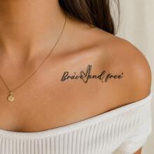 1 pieza Pegatina de tatuaje realista de PVC resistente al agua y anti-roce, patrón de letras "Valiente y Libre", adecuado para uso diario - Gris - Ver 1
