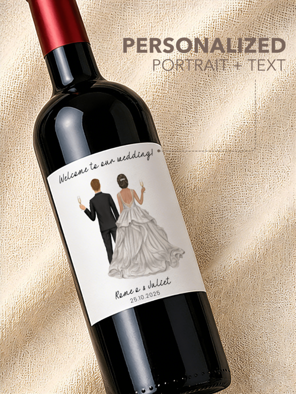 Customized Wedding Bottle Stickers, Groom And Bride Couple Back View Illustration Design, Customizable Hairstyle, Skin Tone, Dress And Suit, Add Couple's Name, Wedding Date And Personalized Blessing Text, Suitable For Red Wine Bottle, Champagne Bottle, Sparkling Wine Bottle Decoration, Wedding Reception, Engagement Party, Anniversary, Bridal Shower, Couple Celebration