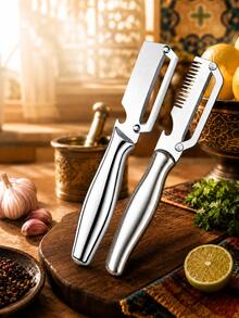 2pcs Stainless Steel Handle Multi-Function Vegetable Peeler, Odorless Stainless Steel Peeler, 2-In-1 And 3-In-1 Kitchen Tool With Scallion Grater And Bottle Opener, Suitable For Home Cooking - Multicolor - View 10