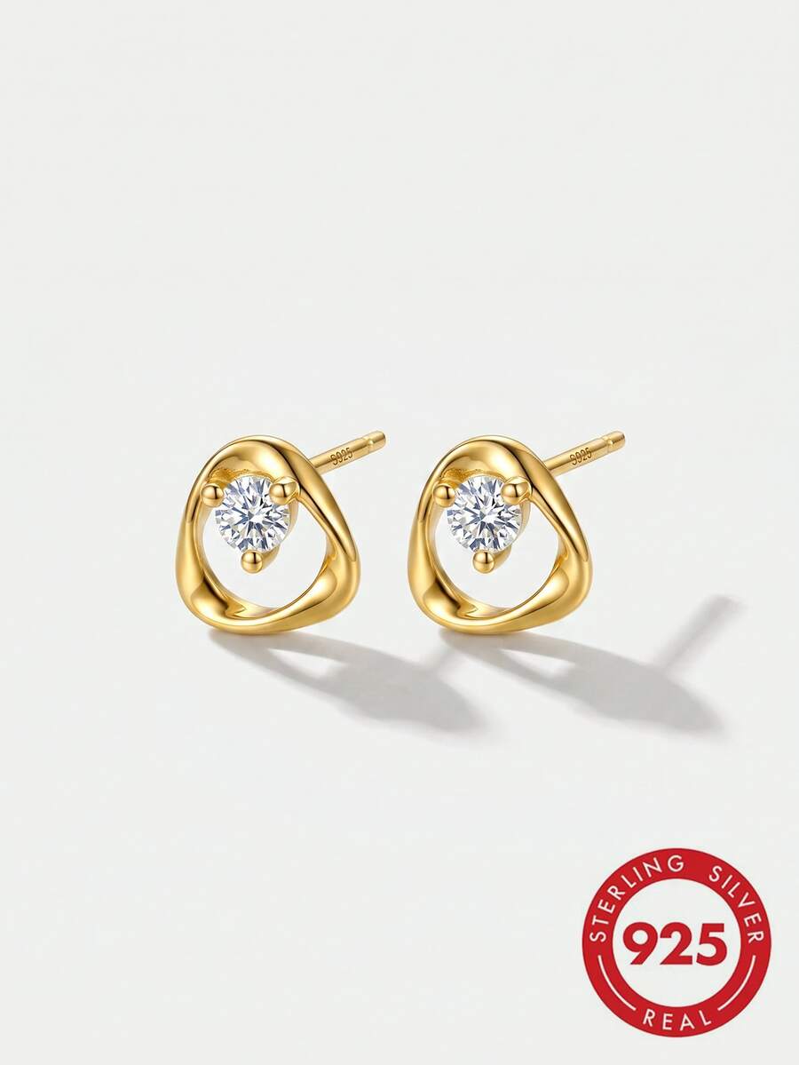 "18K Gold Plated S925 Silver Mobius CZ Stud Earrings, Minimalist Modern Hypoallergenic Accessories With Gift Box For Women "