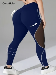 Leggings de yoga de malla con patchwork para mujer de talla grande, cintura alta con costuras de contraste y control de abdomen, pantalones de fitness con elasticidad en 4 direcciones, estilo deportivo de verano - Dark Blue - Ver 3
