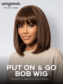 MEGALOOK Wig Bob Lurus T-Part 6x6 dengan Poni, Cokelat Tua, Tanpa Lem, 100% Rambut Manusia, Belahan Dalam 6 Inci, Sudah Dipetik, Simpul yang Dibleaching, Wig Bob Lurus dengan Lace Front untuk Wanita - S4 - View 2