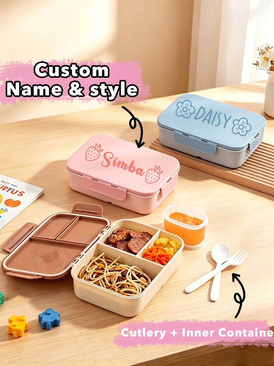 Customized Name Portable Lunch Box, With Leak-Proof Sauce Container, With Snap Lid, Fork And Spoon, 1200ml Adult Bento Box, Kitchen, Home, Office, Snack And Fruit Container, Back To School, Versatile Everyday, Aesthetic, Personalized Gift - Multicolor - View 1