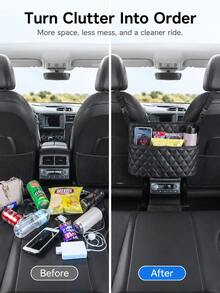 汽車座椅間網袋手提包收納架，絎縫皮革汽車座椅背收納袋與包包架，大容量收納袋，後座寵物與兒童隔板，女性汽車配件，通用汽車內飾收納整理，適用手機、錢包、化妝品 - A - 查看 5