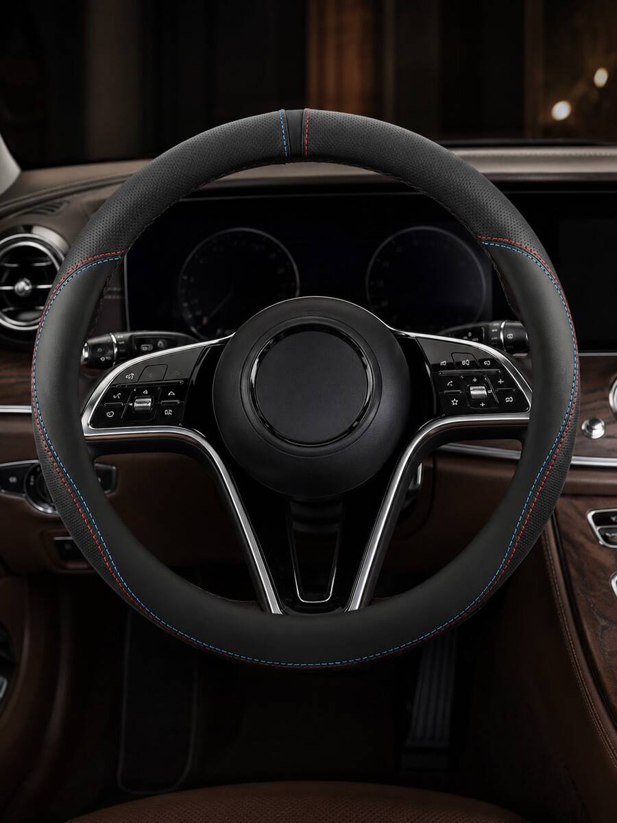 Sportliches Patchwork-Lenkradbezug aus ultrafeiner Faser mit Nappa-Gefühl, mit rutschfestem Innenring aus Gummi, perforiertes atmungsaktives Design, geeignet für alle Jahreszeiten, passend für Autos, LKWs und SUVs, Autoinnenraum-Accessoire