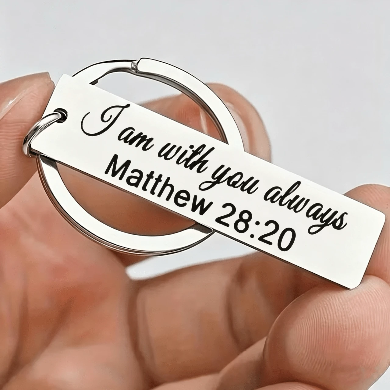 Stainless Steel Bar Keychain Engraved Matthew 28:20 Bible Verse, Inspirational Christian Faith Key Ring Gift For Baptism Confirmation Birthday, Daily Car Bag Key Accessory Religious Spiritual Keepsake For Men Women Friends - A - View 1