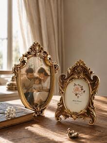 1pc Vintage Baroque Resin Photo Frame, Antique Gold Ornate Picture Frame, Resin 4"*6" Frame For Tabletop Display, Adds A Regal, Romantic Touch To Your Home - A - View 3