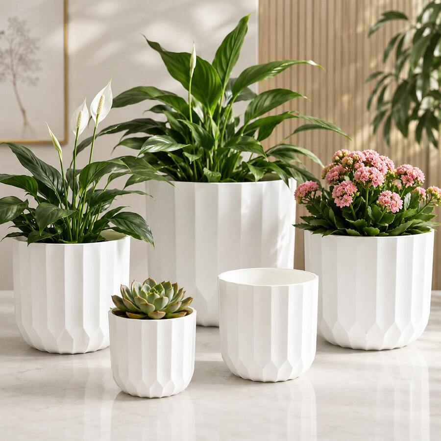 1 件装加厚塑料花盆室内桌面竖条纹绿植苗圃 - 白色 - 查看 1