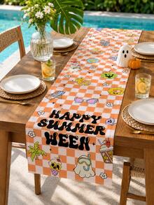 1pc-Happy Summerween Table Runner Retro, Orange Checkerboard Cute Ghost Table Topper, Groovy Spooky Summer Beach Theme Tablecloth Linen For Pool Party Kitchen Decor - Multicolor - View 5