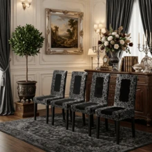 1/4/5/6/7 pezzi Set di coprisedia/coprisedia con stampa a motivo barocco nero & argento, adatto per interni domestici, ristoranti, hotel, scelta ideale per la decorazione quotidiana moderna. Tovaglia adatta per tavolo da pranzo quadrato, coprisedia elastico lavabile. - Multicolore - Visualizzare 9