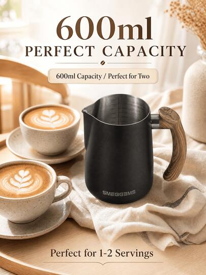 SOKANY Pichet à latte art en acier inoxydable 304 noir mat, tasse à mousser le lait 600 ml avec manche en bois