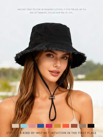 1pc Solid Color Frayed Edge Bucket Hat, Distressed Effect, Windproof, Sun Protection, UV Protection, 3D Texture, Foldable, Fashionable & Versatile, Elegant Style, Soft & Comfortable, Breathable, Multi-Functional, Brightens Complexion, Slims Face, Suitable For Beach, Outing, Hiking, Cycling, Travel, Commuting, Outdoor, Street, Dating, Trekking And Various Occasions