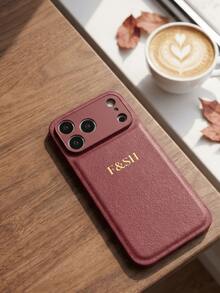 Personalized Custom Name Initial Phone Case Compatible With IPhone 17 16 15 14 13 12 11 Pro Max And Plus Series, Gold Foil 3D Engraved PU Leather, Burgundy Litchi Texture Design, Anti-Slip Anti-Shock Anti-Scratch, Perfect Gift For Birthday And Anniversary - Burgundy - View 3