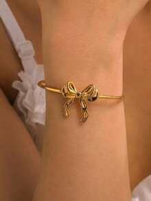 1 Pc Fashion Bow Open Bangles For Women Gold Color Stainless Steel Geometric Bangles Birthday Party Jewelry Gift - Yellow Gold - View 11