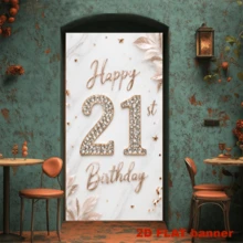 2D平面21歲生日慶祝背景布，閃亮水鑽風格數位設計，搭配玫瑰金箔氣球與緞帶，優雅大理石背景色，聚酯纖維材質，無需電源 - 查看 4