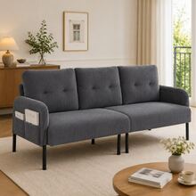 Three-Seater Sofa In Corduroy, Upholstered In A Soft And Comfortable Fabric, With A High Back And Practical Side Pockets. Sturdy Metal Legs And Solid Construction. Suitable For Living Rooms, Bedrooms, Or Offices. - Grey - View 2