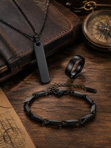 3pcs/Set Minimalist Men's Stainless Steel Jewelry Set, Hip Hop Fashion Necklace, Bracelet, Ring, Black, Silver, Gold, Suitable For Daily Wear, Vintage, Gift For Friends - 1676-set - View 2