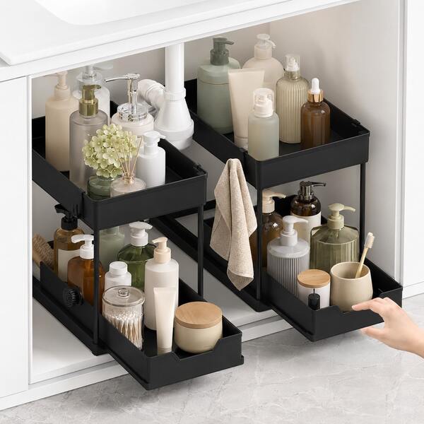 1 pieza/2pcs Organizador de almacenamiento de gabinete de fregadero de 2 niveles, disponible en paquete de 1 pieza o 2 unidades, estante de cesta extraíble con deslizamiento flexible diseñado para uso diario universal en el hogar, estante de almacenamiento compacto de estilo negro con 5 ganchos laterales y mini cestas de almacenamiento
