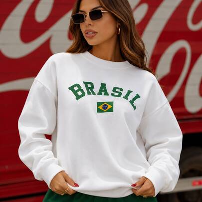 Moletom Brasil Feminino Gola Redonda Flanelado Estampado Têndencia