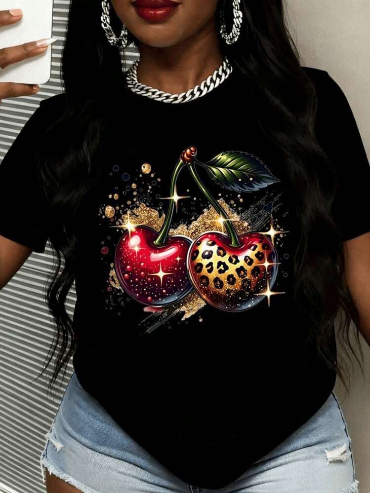 Bright Cherries Symbolize Sweetness And Vitality With Luxurious Golden Touches On This Fresh Women's T-Shirt To Make You Look Radiant. - 黑色 - 查看 1