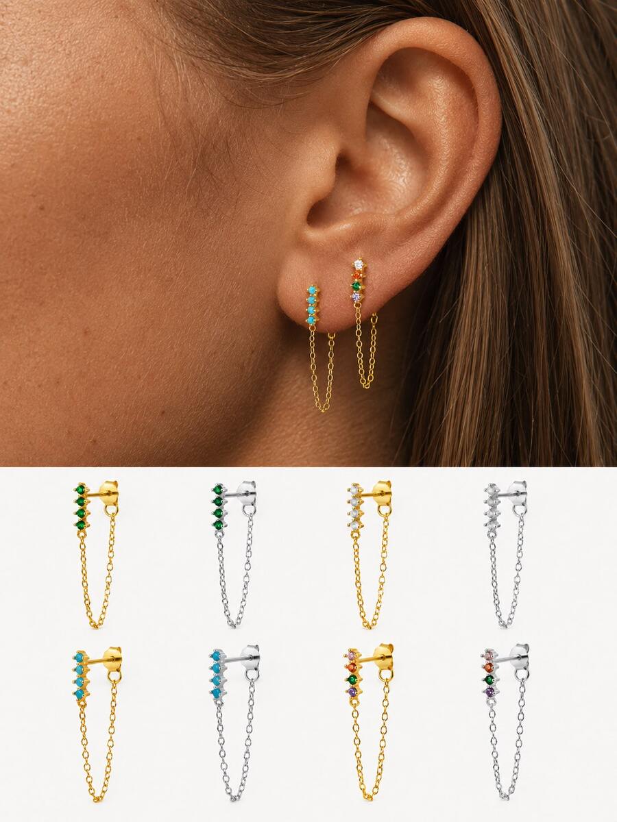 FOREVER QUEEN 1PC 925 Sterling Silver Chain Loop Stud Earring For Women, Colorful CZ Bar Front Back Chain Dangle Earring, Minimalist Cartilage Piercing Jewelry - Single Earring - View 1