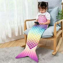 可愛眨眼金髮美人魚法蘭絨抱枕毯，彩虹漸層魚鱗美人魚花冠圖案，230GSM 超柔軟親膚布料，適合裝飾沙發、沙發床，美人魚愛好者的理想禮物 - 彩色 - 查看 3