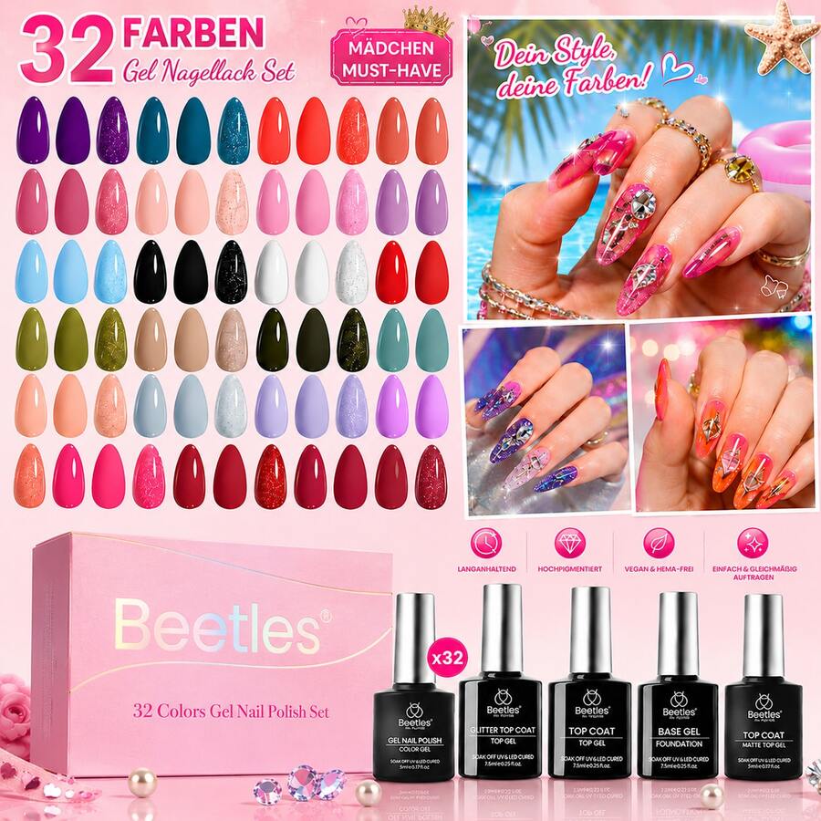 Beetles Spring Gel Polish Set - Fingertip Palette, 32 Colors Valentines Polish Set With Base Top Coat - 32 Colors Fingertip Palette - 查看 1