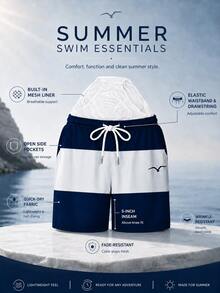 Pantalones cortos casuales de playa para vacaciones para hombre con estampado de bloques de color, cintura elástica con cordón, bolsillos inclinados y forro de malla - Blanco - Ver 8