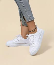 Women White Sneakers Spring Autumn Sport Running Shoes Casual Lace Up Flat Skid-Proof Shoes - White - View 3