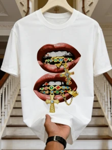 Herren Sommer Lässig Kurzarm-Hemd, Rote Lippen mit bunten Edelstein-Muster für den täglichen Gebrauch. - Weiss - Übersicht 4