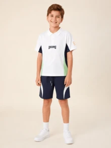 Balabala 2件/套 男童夏季短袖套裝，涼爽輕便，適合日常休閒出遊，舒適愜意 - 藍白色調 - 查看 1