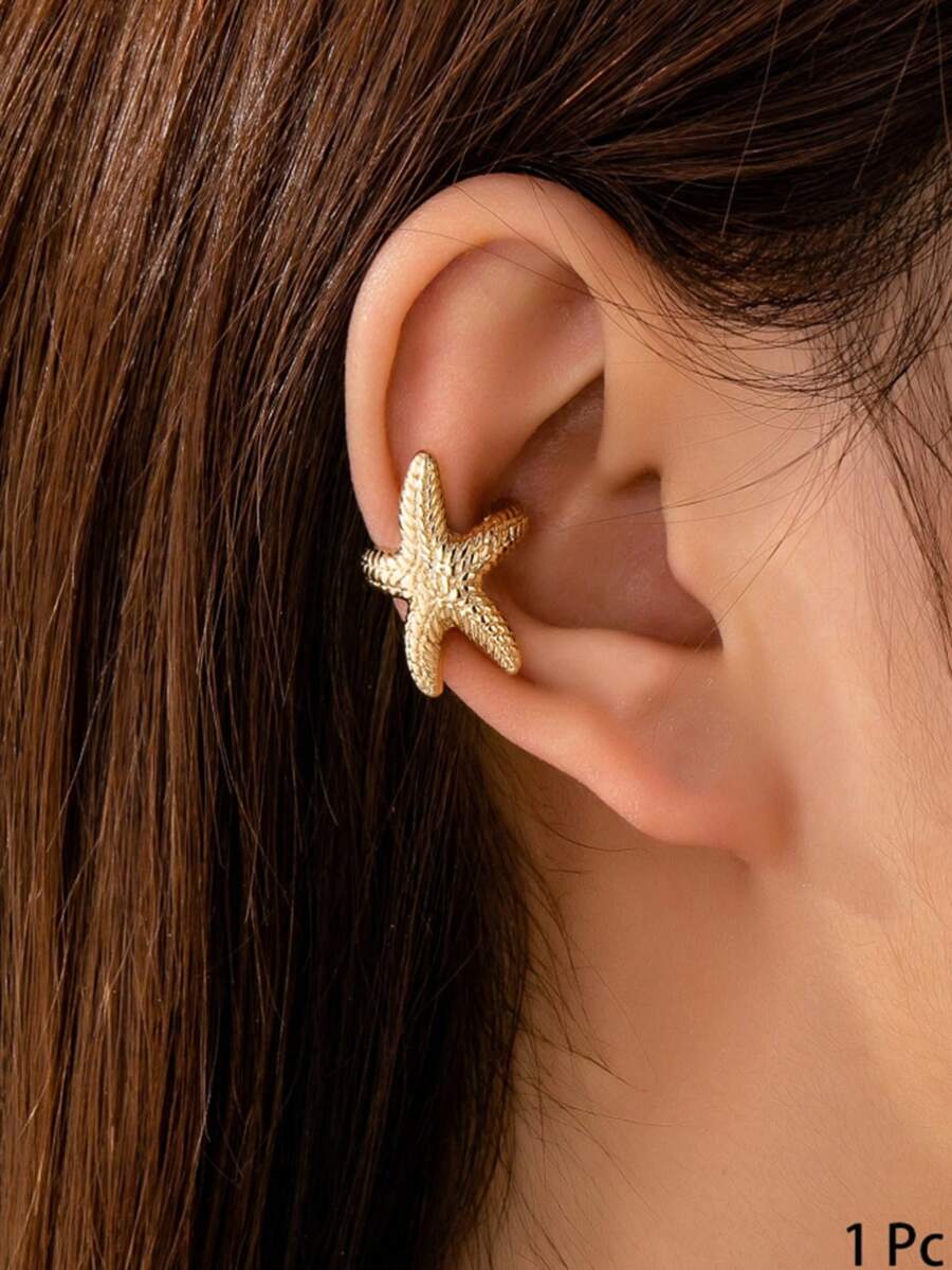 1個海星耳夾,海洋主題女性夾式耳環,海洋生物海星夾式耳環,適合海灘度假穿搭 - golden - 查看 1