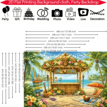 1 pieza Pancarta de fondo de bar Palapa de bambú Aloha de Hawái, palmeras tropicales, guirnalda de frangipani, imagen de fondo de tabla de surf, adecuada para fiestas de piscina de verano, cumpleaños con tema de isla, estilo tropical, etc. - A - Ver 3