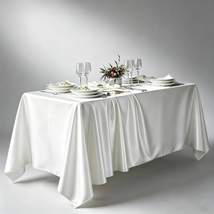 1pc 145*275cm White Satin Square Tablecloth, Solid Color Polyester Tablecloth, Wedding Party Supplies, Birthday Decoration, Home Decor, Perfectly Suitable For Country Weddings, Bridal Showers, Birthdays, Baby Showers, Indoor/Outdoor Events, Ceremonies, Kitchen, Gatherings, Etc. - White - View 1