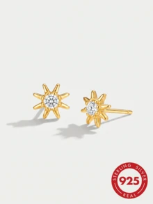 18K Gold Plated S925 Silver Celestial Star CZ Stud Earrings, Elegant Minimalist Hypoallergenic Accessories With Gift Box For Women - Gold - View 1