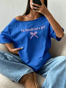 200g Cotton  1 Piece Loose Fit T-Shirt With Off-The-Shoulder Neckline, Slogan And Butterfly Details, Oversized Style Y2K, Pink Graphic T-Shirt For Women - 藍色 - 查看 1