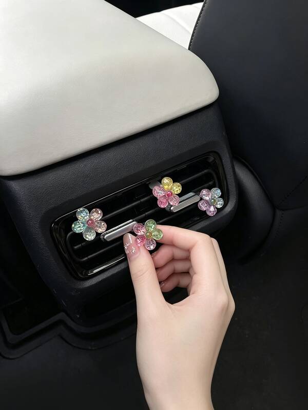 4pcs/8pcs Gradient Sequin Faceted Five-Petal Flower Car Air Vent Clip, Five-Petal Flower Gradient Sequin Car Air Vent Decoration Clip, Glitter Resin Flower Ornament Accessory Car Air Vent Decoration Clip, Car Air Vent Clip, Car Air Vent Clip, Two-Prong Clip, Air Vent Clip, Metal Material Center Console, Universal Car Air Vent Clip (No Aromatherapy)