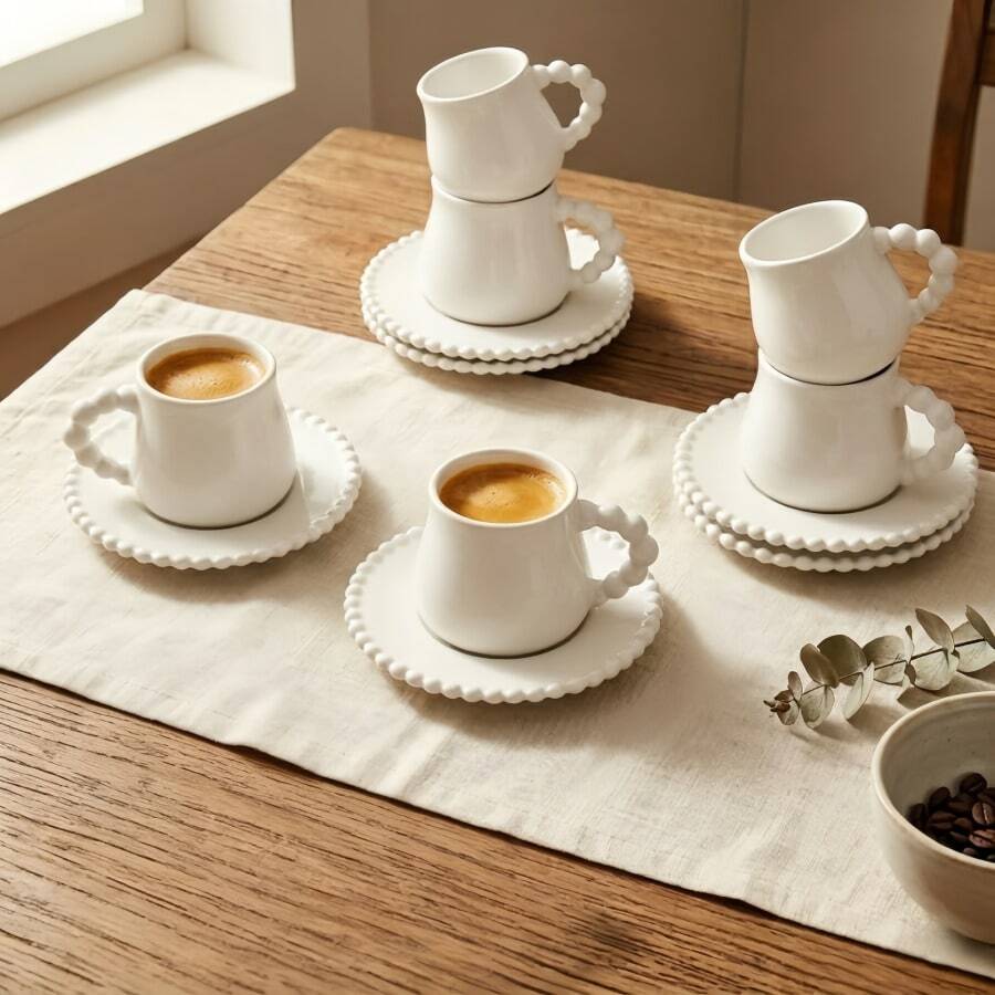 6Pcs 3.4oz Small Porcelain Coffee Cup With Saucer Set - Espresso Cups Pearl Design Handle & Rim Ceramic 100ml Tea Cup Set Deco Gift For Cappuccino Cafe Mocha Tea Dishwasher & Microwave Compatible - White - View 1