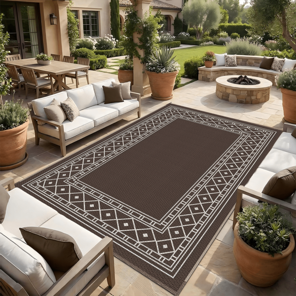 Gdieo Outdoor Rug For Patio - Waterproof Plastic Straw Camping Rugs, Reversible Outdoor Indoor RV Mat Carpet For Patio, Porch, Deck, Balcony, Picnic, Beach, Black Brown