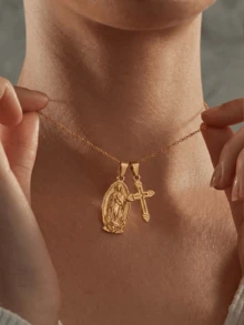 1pc Bohemian Style Virgin Mary And Gold Cross Pendant Necklace, Vintage Stainless Steel Double Pendant Necklace Jewelry, Waterproof, Birthday And Mother's Day Gift, Father's Day Gift, Baptism Gift, Family Gift, Fashion Daily Accessory - Gold - View 1