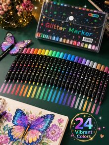 96/72/48/24 Colors Dual-Tip Glitter Pens With Quick-Dry Ink - Fine Tip, Tip To Barrel, Suitable For Scrapbooking, Card Making, Journaling, 24 Colors Dual-Tip Drawing Pens - Glitter Marker Set, Suitable For S, Artists And Supplies Random, Markers, Highlighters, Student Highlighters, Highlighters, Student Supplies, Student Essentials, Back To School Basic Supplies, Colored Markers, Student Stationery. - Rectangle - View 2