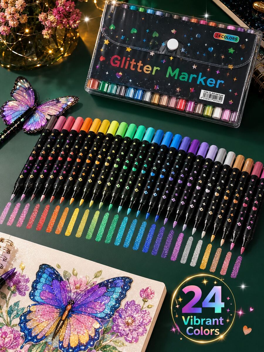 96/72/48/24 Colors Dual-Tip Glitter Pens With Quick-Dry Ink - Fine Tip, Tip To Barrel, Suitable For Scrapbooking, Card Making, Journaling, 24 Colors Dual-Tip Drawing Pens - Glitter Marker Set, Suitable For S, Artists And Supplies Random, Markers, Highlighters, Student Highlighters, Highlighters, Student Supplies, Student Essentials, Back To School Basic Supplies, Colored Markers, Student Stationery.