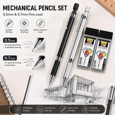 Metal Mechanical Pencil Set, 0.5mm & 0.7mm Fine Lead Pencils ,Metal Drafting Pencils For Precise Writing, Sketching & Drawing Smooth & Precise Writing For Sketching, Drawing & Office Work