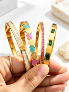 4pcs/1pc 304 Stainless Steel Bracelet Set, Suitable For Women's Daily Wear, Luxurious And Elegant Wrist Jewelry, Gift For Girlfriend Or Mother - Multicolor - View 11